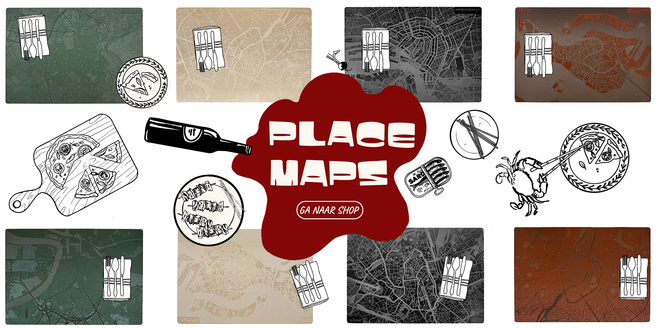 Place Maps engraved city map placemats in Moss Green, Champagne, Black, and Chestnut Brown, displayed on a stylized illustrated dining table.